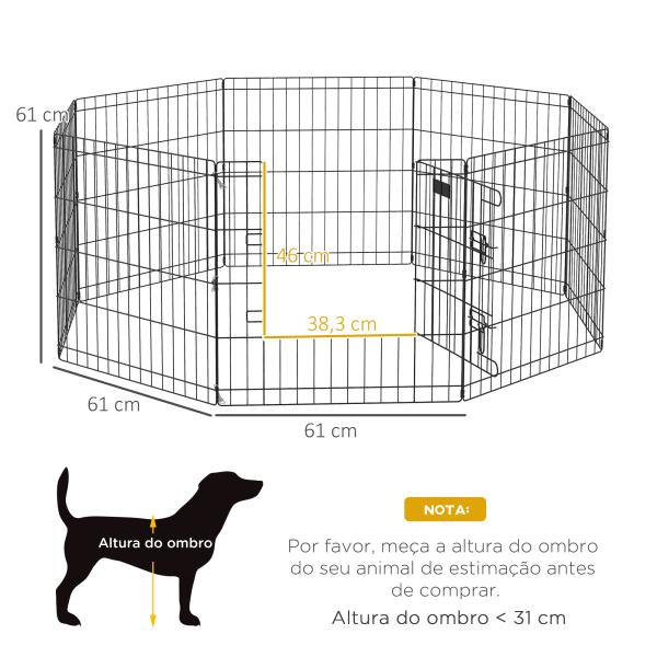 Parque para Cães 8 Painéis 61x61cm Dobráveis Gaiola Metálica para Animais de Estimação com Porta e Dupla Fechadura Preto