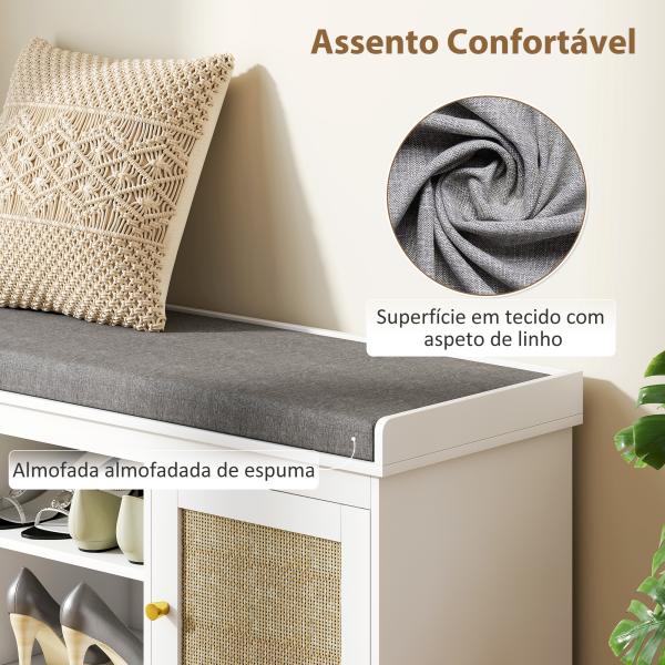 Banco Sapateira com Assento Acolchoado Portas em Vime e Prateleira Aberta para 9 Pares de Sapatos 105x35x47 cm Branco