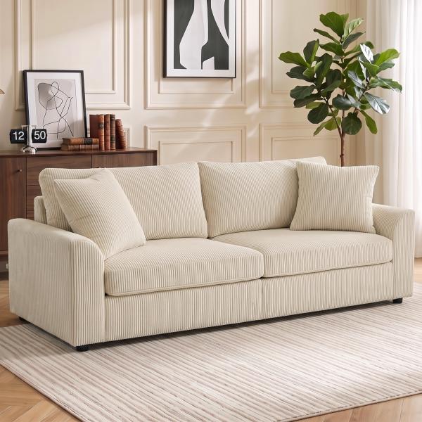 Sofá de 3 Lugares Moderno 212x80x88 cm Sofá Sala de Estar Estofado com 2 Almofadas Apoio de Braços e Estrutura de Aço Creme