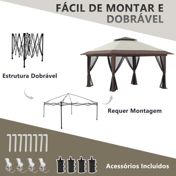 Tenda Dobrável Pop - UP 3,92x3,92x2,83 m com Altura Ajustável Proteção UV50+ Rede Mosquiteira e Bolsa de Transporte Bege e Marrom