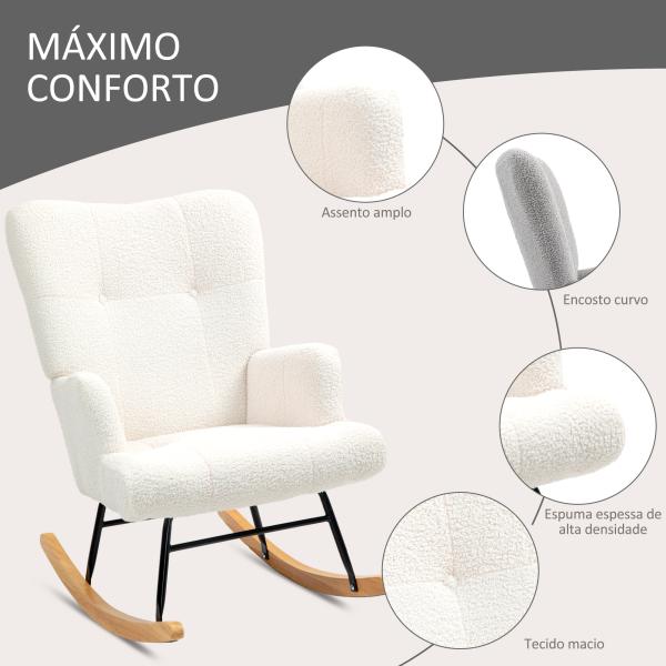 Poltrona Baloiço em Borrego Poltrona para Amamentação com Encosto Capitonê e Base de Madeira 65x88x87 cm Creme