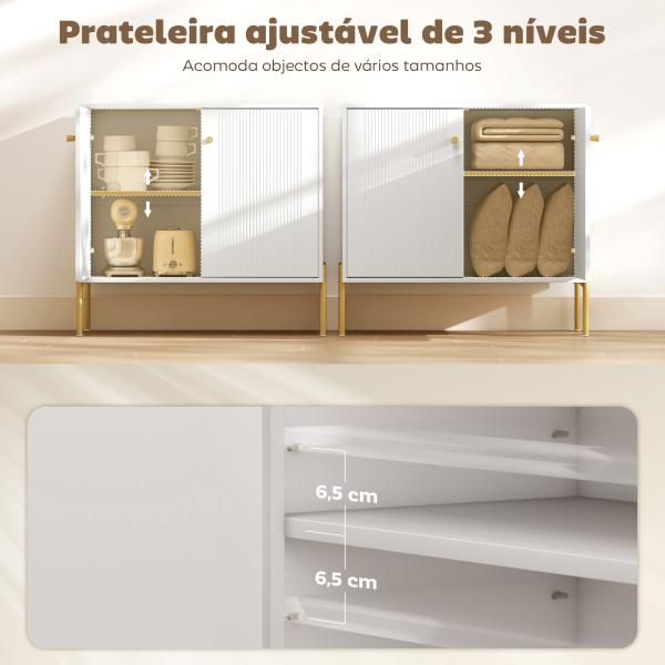 Aparador Moderno de 2 Portas Prateleiras Ajustáveis Bancada com Efeito Mármore e Pés de Aço 80x39,1x76 cm Branco