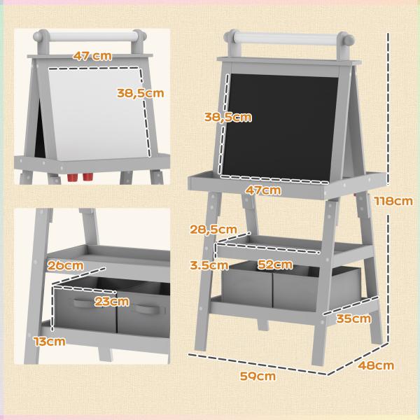 Cavalete de Pintura Infantil 3 em 1 Quadro Dupla Face com Rolo de Papel e Cestos de Arrumação Cinzento