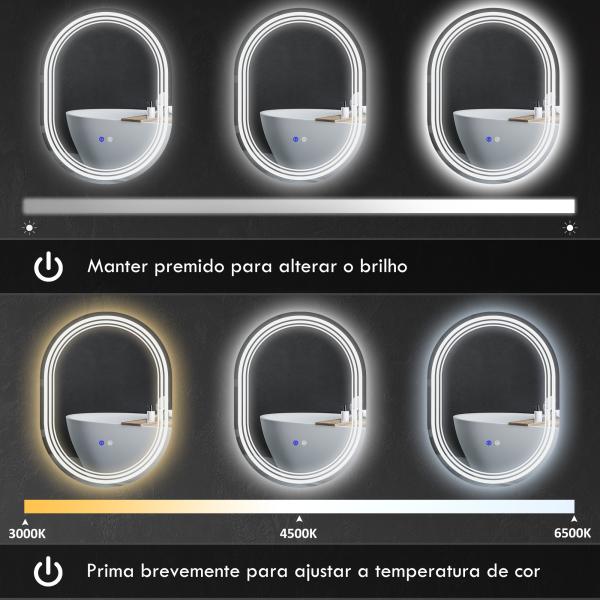 Espelho Casa de Banho com Iluminação 70x50 cm Espelho de Parede com 3 Cores de Luz Brilho Ajustável Função Anti - Embaciamento Função Memória