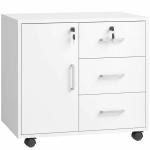 Móvel para Impressora com Rodas, Mesa com Porta e 3 Gavetas, Fechaduras, Prateleira Ajustável, Branco