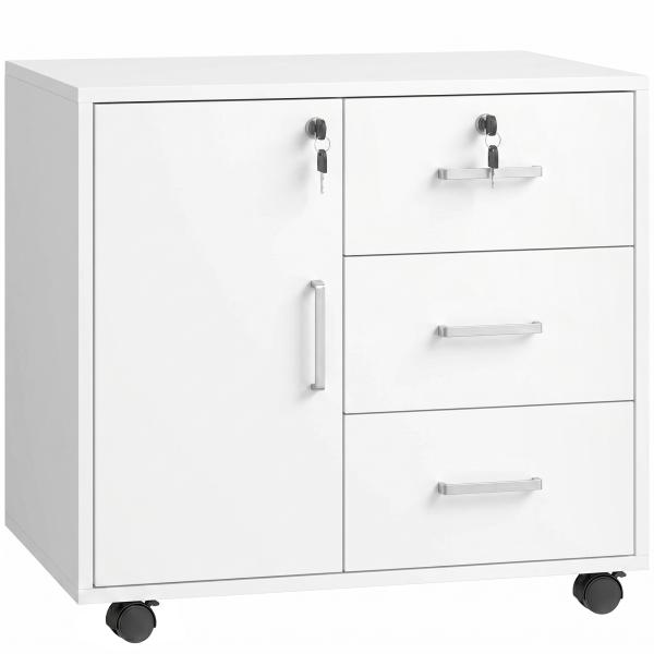 Móvel para Impressora com Rodas, Mesa com Porta e 3 Gavetas, Fechaduras, Prateleira Ajustável, Branco