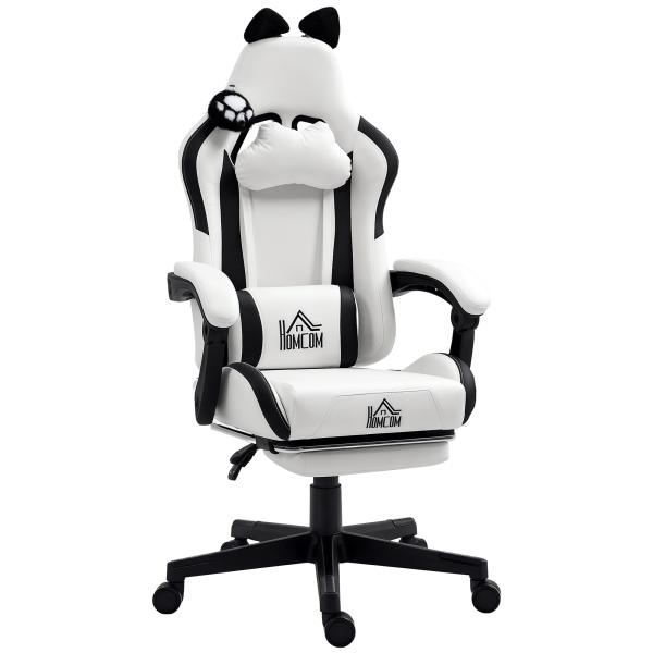 Cadeira Gaming com Orelhas Cadeira Gamer Reclinável com Altura Ajustável e Suporte Lombar 65x62x116 - 124 cm Branco