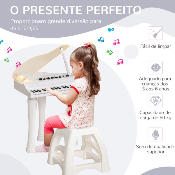 Piano Eletrónico para Crianças com 32 Teclas Microfone Luzes 22 Músicas 4 Tons e Volume Ajustável 37x30,5x60,4 cm Branco
