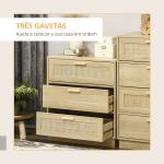 Cómoda com 3 Gavetas de Vime Cómoda de Madeira para Dormitório Sala de Estar Estilo Boêmio 60x38x69 cm Madeira