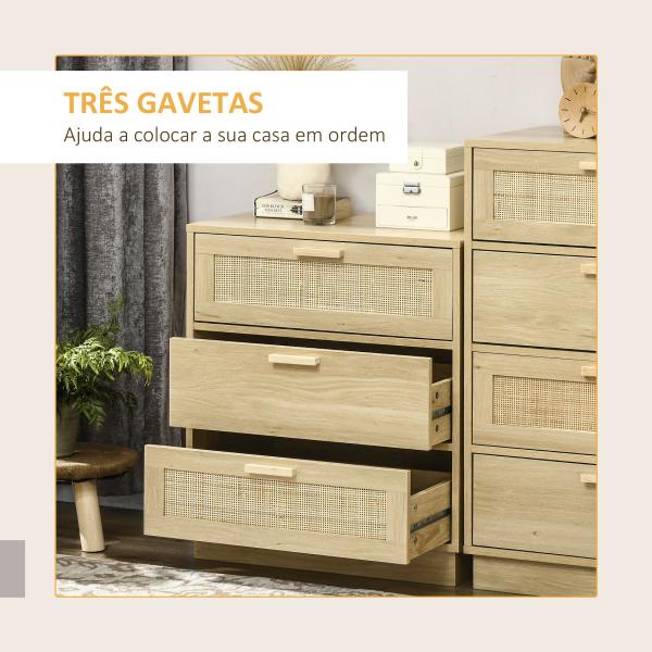 Cómoda com 3 Gavetas de Vime Cómoda de Madeira para Dormitório Sala de Estar Estilo Boêmio 60x38x69 cm Madeira
