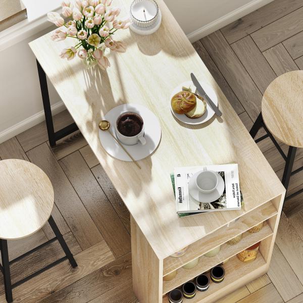 Conjunto Mesa Alta com 2 Bancos Apoios para os Pés 3 Compartimentos Prateleira Ajustável para Cozinha Carvalho