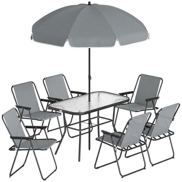 Conjunto de Mesa e Cadeiras de Jardim de 8 Peças com Chapéu de Sol 6 Cadeiras Dobráveis e Mesa de Vidro Cinza