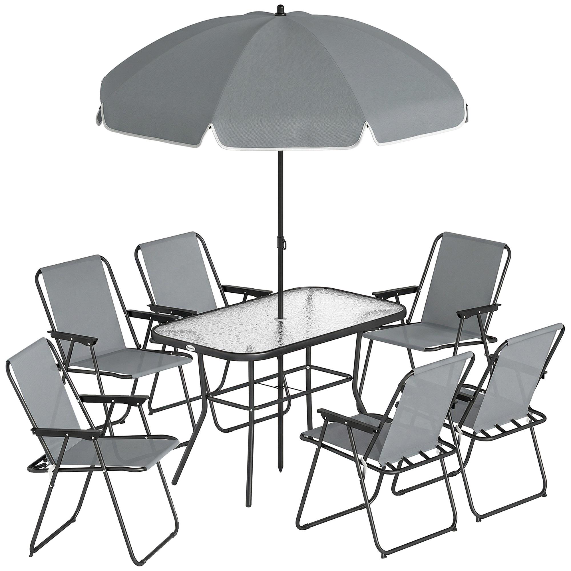 Conjunto de Mesa e Cadeiras de Jardim de 8 Peças com Chapéu de Sol 6 Cadeiras Dobráveis e Mesa de Vidro Cinza