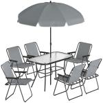 Conjunto de Mesa e Cadeiras de Jardim de 8 Peças com Chapéu de Sol 6 Cadeiras Dobráveis e Mesa de Vidro Cinza