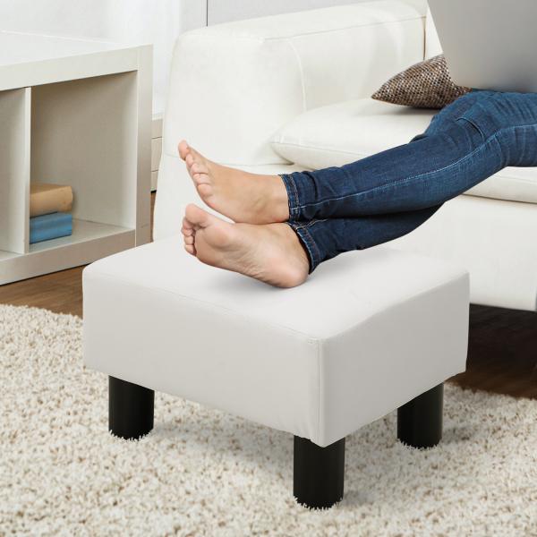 Apoio para os Pés Octomano Banco Pequeno Estofado em Pele Sintética com Assento Acolchoado e Pés de Plástico 40x30x24 cm Branco