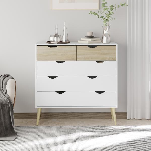 Cómoda com 5 Gavetas Cómoda de Quarto com Pés de Madeira Estilo Nórdico 99x39x101 cm Branco e Carvalho
