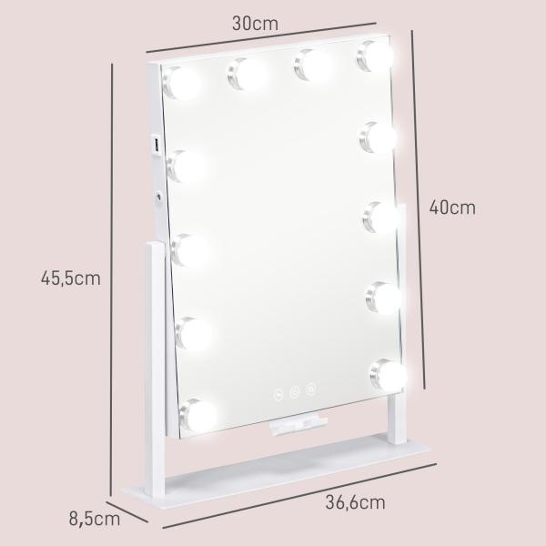 Espelho de Maquilhagem Estilo Hollywood com Luzes 12 Lâmpadas LED 3 Modos de Iluminação e Entrada USB 36,5x8,5x45,5 cm Branco