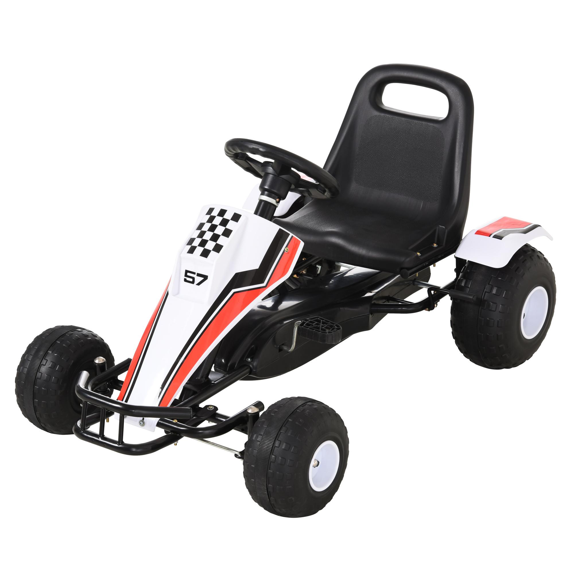 Go Kart a Pedais para Crianças acima de 3 Anos Carro de Pedais Infantil com Assento Ajustável e Freio de Mão 104x66x57cm Branco e Preto