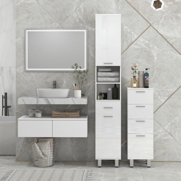 Móvel Auxiliar Casa de Banho Moderno Móvel de Armazenamento Casa de Banho com 4 Gavetas Anti - Tombo 30x30x93 cm Branco