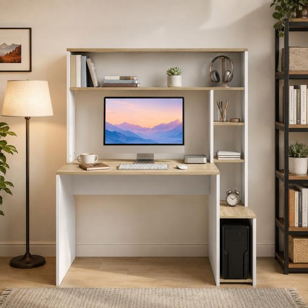 Secretária para Computador com Estantes e Suporte para CPU 114x45x138 cm Branco e Natural