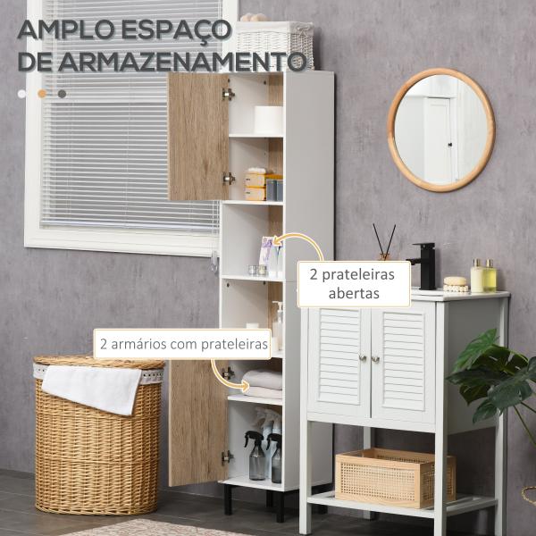 Coluna Casa de Banho Armário Alto Auxiliar de Casa de Banho com 2 Portas e 6 Prateleiras 31,5x30x169 cm Branco e Carvalho