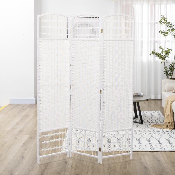 Biombo Separador de Ambientes de 3 Painéis 120x170 cm Divisória de Ambientes Dobrável com Corda de Papel e Estrutura de Madeira Branco