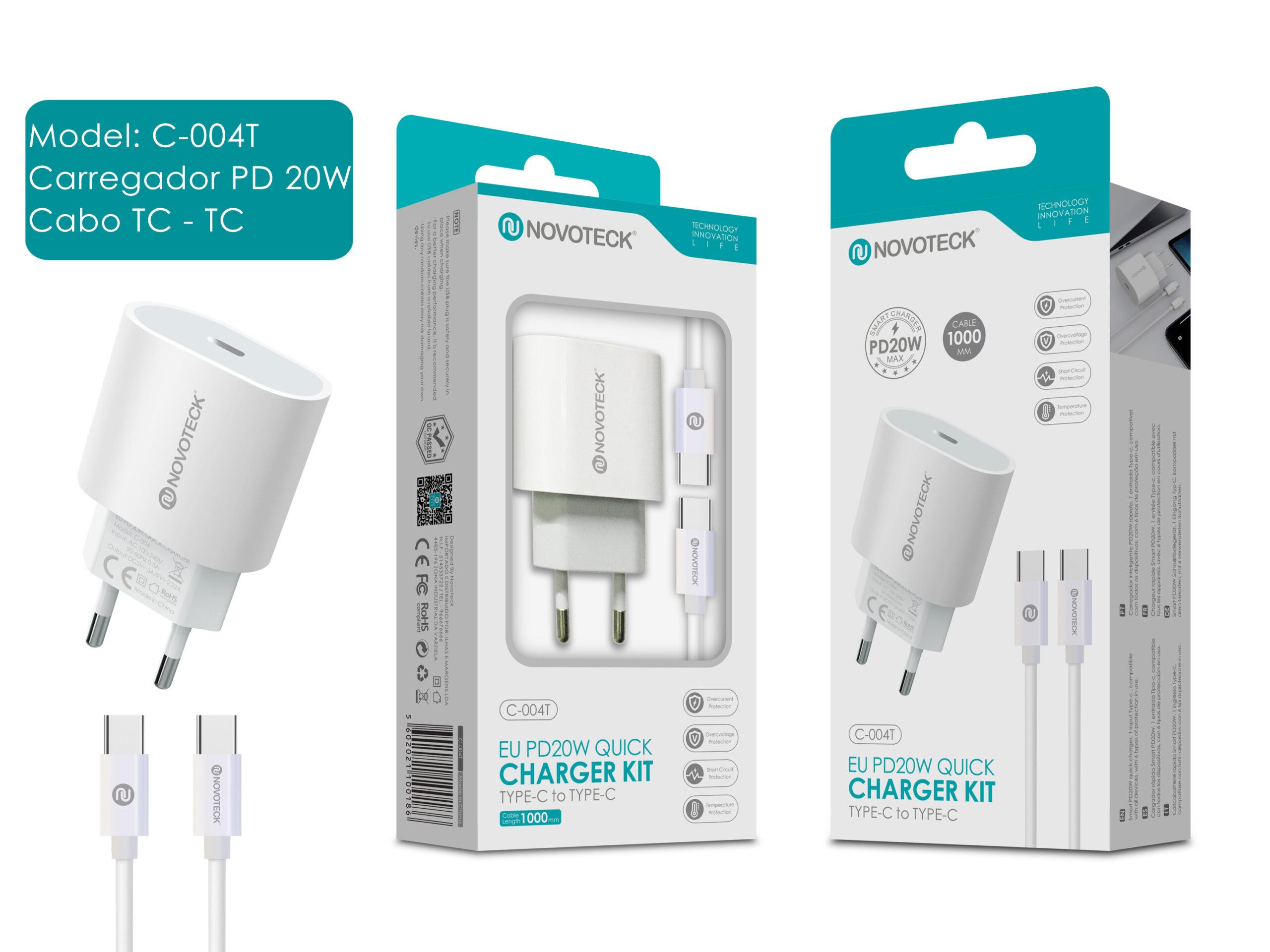 Carregador USB - C Pd 20W com Cabo Type - C To Type - C NOVOTECK C - 004T