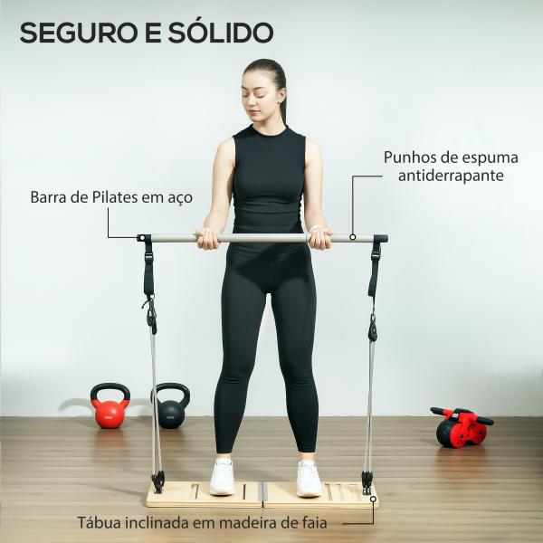 Barra de Pilates com 6 Faixas Elásticas Tábua Inclinada Ajustável para Treino de Corpo Inteiro em Casa 90x33x3 cm Cinza