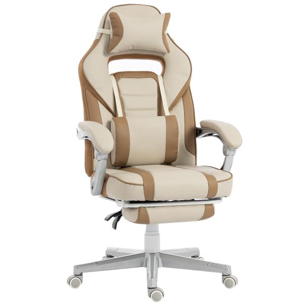 Cadeira Gamer Reclinável com Altura Ajustável Apoio para Pés Retrátil Suporte Lombar e Almofada de Cabeça Removível Creme