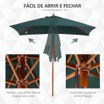Chapéu de Sol de Jardim 200x150x230cm Chapéu de Sol Retangular Inclinável com Polia Duplo Teto e Mastro Desmontável de Madeira para Terraço Pátio Verde