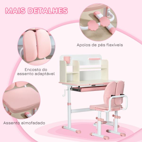Conjunto de Secretária e Cadeira para Crianças com Altura Ajustável Gaveta Prateleiras e Bancada Inclinável 80x52x88 - 109 cm Rosa e Branco