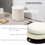 Puff de Arrumação Baú de Arrumação Redondo Estofado em Veludo Cotelê Tampa Removível Ø40x41 cm Creme