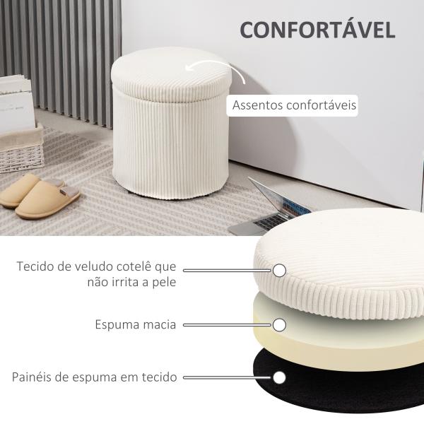 Puff de Arrumação Baú de Arrumação Redondo Estofado em Veludo Cotelê Tampa Removível Ø40x41 cm Creme