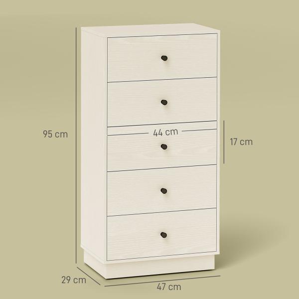 Cómoda com 5 Gavetas Cómoda de Quarto Estreita com Anti - Tombo Gaveteiro Alto para Sala de Estar Corredor 47x29x95 cm Branco