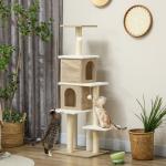 Arranhador para Gatos em Borrego com 2 Cavernas Plataformas Bolas Suspensas e Poste de Sisal 48x40x140 cm Marrom Claro