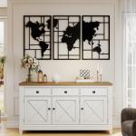 Decoração de Parede em Metal com Mapa Múndi Conjunto de 3 Peças Quadros de Parede Metálicos Preto