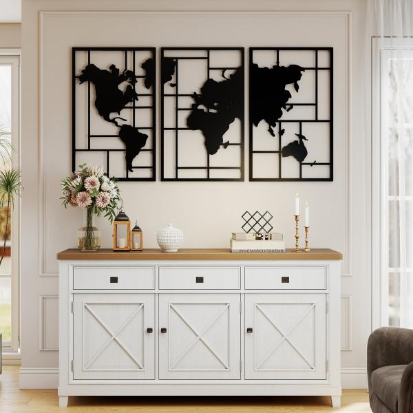 Decoração de Parede em Metal com Mapa Múndi Conjunto de 3 Peças Quadros de Parede Metálicos Preto
