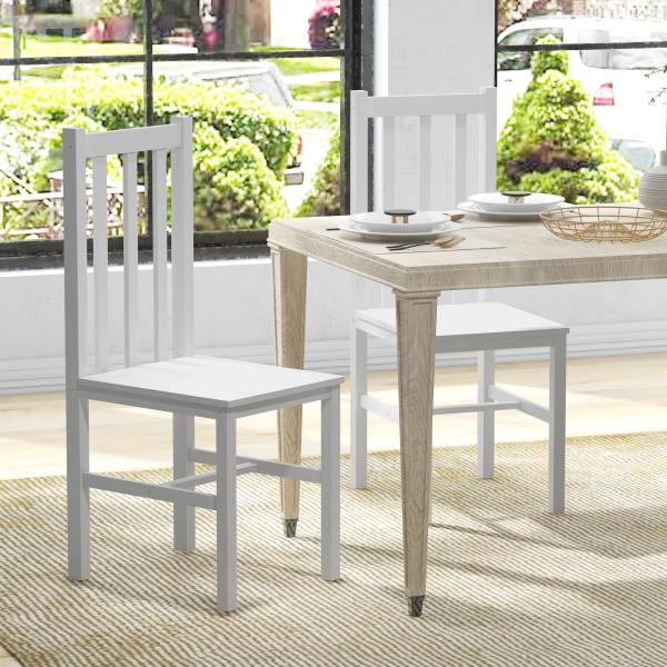 Conjunto de 2 Cadeiras de Sala de Jantar com Encosto de Ripas Estrutura de Madeira de Pinho 38,5x47,5x99 cm Branco