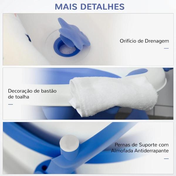 Banheira para Bebé Recém Nascido até 3 Anos Dobrável 30 Litros com Tampa Termossensível e Almofada Confortável Almofadas Antiderrapantes 81,5x50,5x23,5cm Azul e Branco
