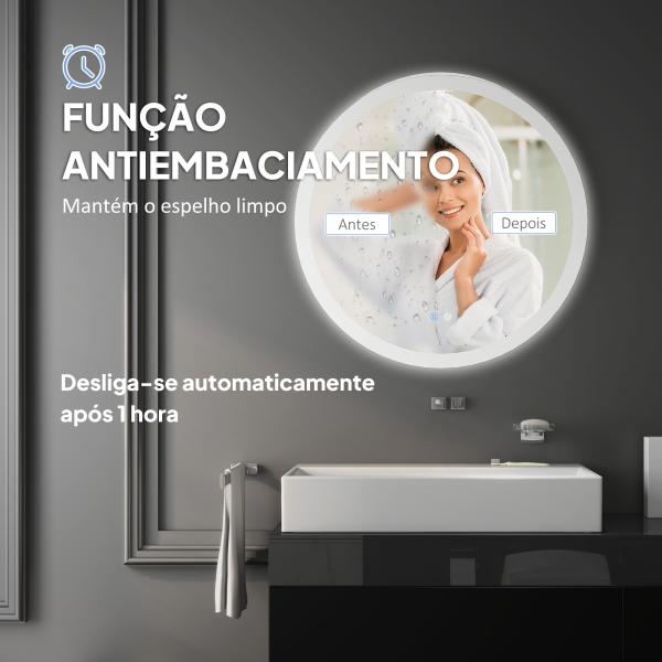 Espelho Casa de Banho Redondo com Luzes LED Ø60 cm Função Antiembaciamento 3 Luzes Função de Memória e Interruptor Tátil Prata