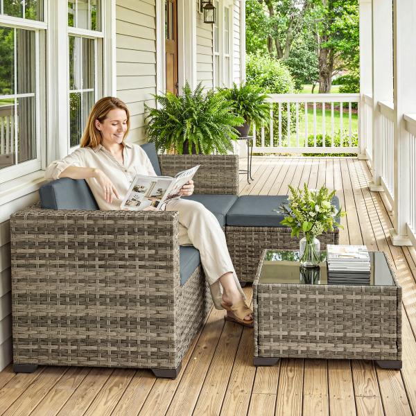 Conjunto de Jardim em Vime de 5 Peças Inclui Almofadas 2 Poltronas de Canto Poltrona sem Braços Apoia - Pés e Mesa de Centro Cinza Escuro