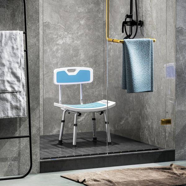 Cadeira de Duche para Idosos com Encosto e Altura Ajustável em 6 Níveis, Carga Máxima de 136 kg Azul Claro e Branco