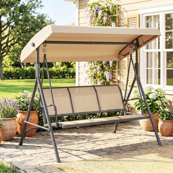 Baloiço de Jardim Exterior de 3 Lugares com Toldo Reclinável Assento Respirável e Estrutura de Aço 175x118x159 cm Bege