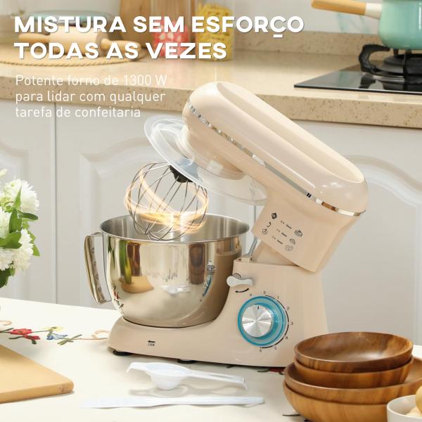 Batedeira Planetária 4,5L 1300W 6 Velocidades Taça de Aço Inoxidável Batedor Gancho Varas Bege