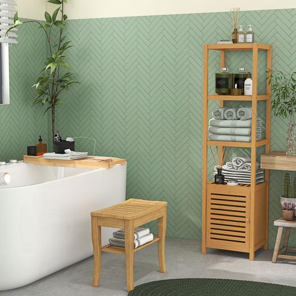 Banco para Casa de Banho de Bambu com Prateleira de Arrumação Antiderrapante Impermeável e Resistente 47,5x26x44,5 cm Madeira