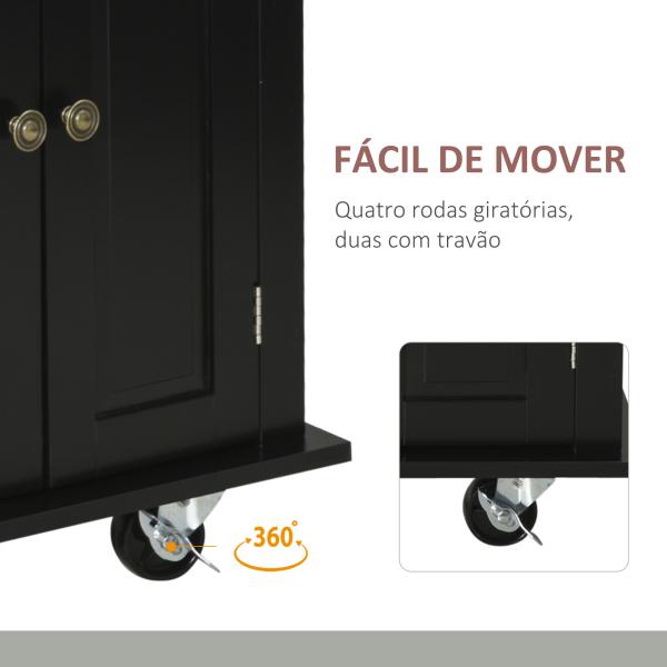 Ilha de Cozinha com Rodas 2 Gavetas 4 Portas Suporte para Temperos e Barra Lateral 111x44,5x82,5 cm Preto e Madeira