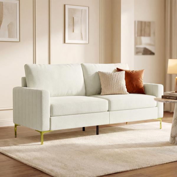 Sofá de 3 Lugares de 181 cm Estofado em Veludo com Almofadas Espessas Pernas de Metal Branco Creme