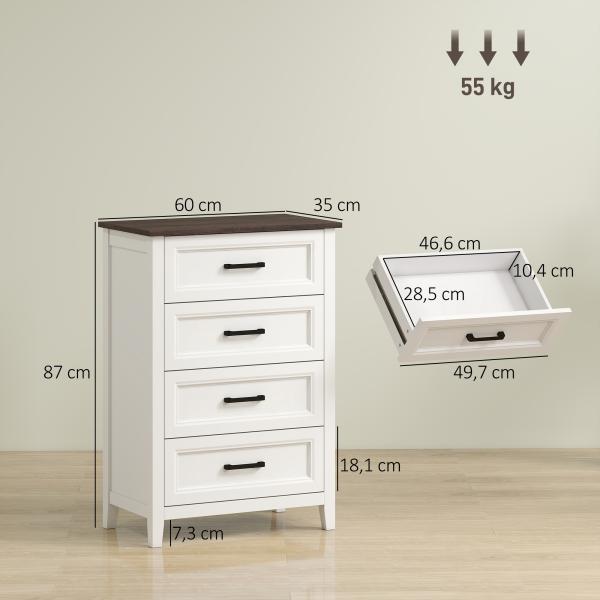 Cómoda 4 Gavetas Cómoda de Dormitório Estreita e Alta com Bancada com Efeito Madeira 60x35x87 cm Branco