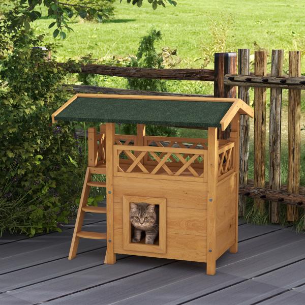 Casa para Gatos de Madeira 77x50x73cm com 2 Níveis Teto Asfáltico Terraço Cercado Caverna e Escada Madeira