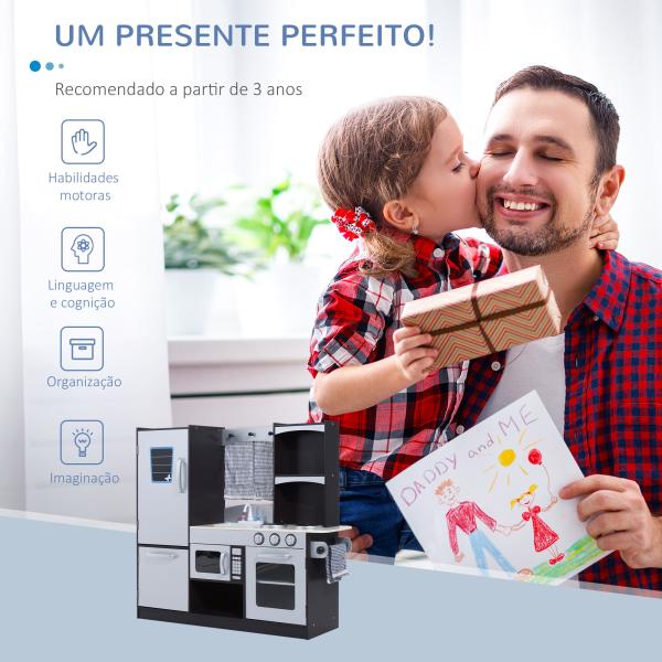 Cozinha de Brinquedo Infantil Cozinha de Madeira para Crianças com Acessórios Cozinha para Crianças com Forno Micro - Ondas Lavatório 105x31,5x95 cm Cinza e Preto